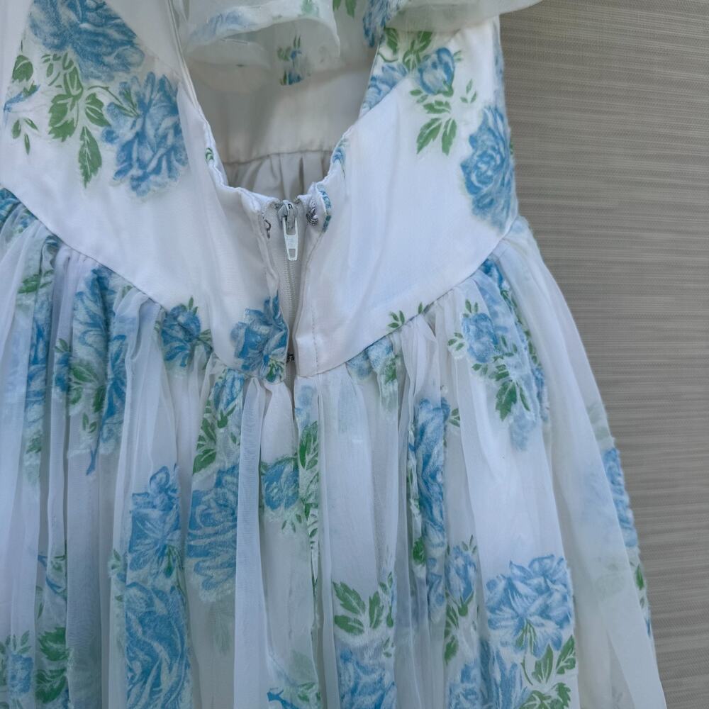 Vintage Floral Halter Maxi Dress with Sheer Cape Romantic Satin Gown Low Back XS - Picture 10 of 10